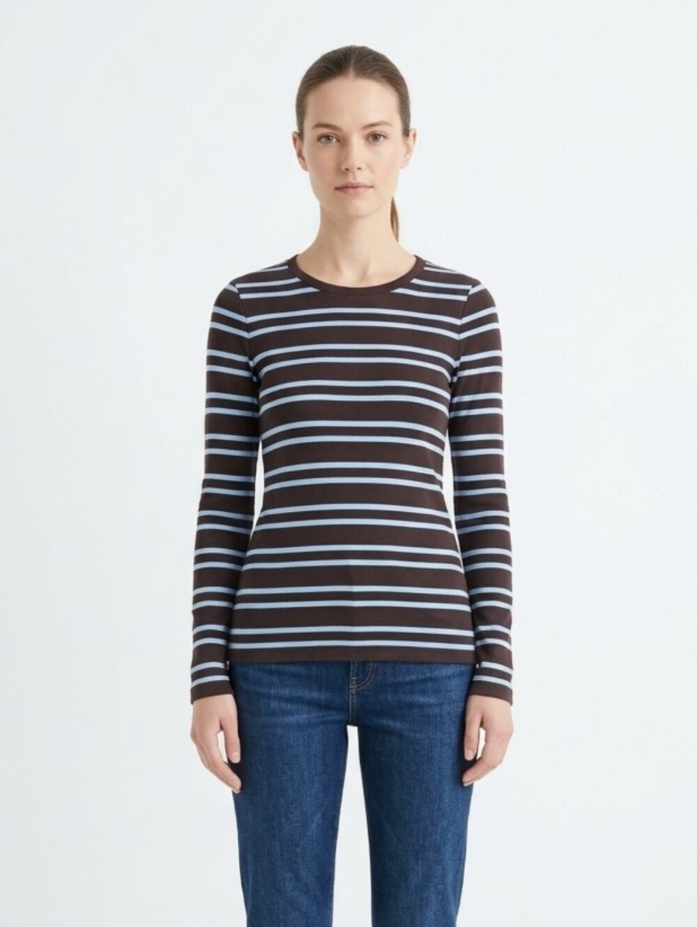 J. Crew Perfect Fit Sporty Rib Stripe Cocoa Brown Blue Long Sleeve Tee Top S XXS